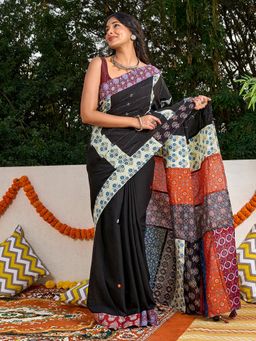 Teejh - Tejika Black Applique & Mirror Work Saree With Unstitched Blouse