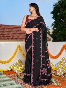 Teejh - Dyutima Black Applique & Mirror Work Saree With Unstitched Blouse