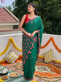 Teejh - Chayana Deep Green Applique & Mirror Work Saree With Unstitched Blouse