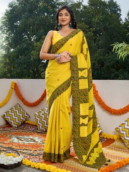 Teejh - Bhagini Mustard Applique & Mirror Work Saree With Unstitched Blouse