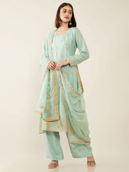 Soch - Green Silk Unstitched Dress Material - 3 Meter Kurta Fabric