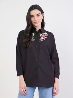 Styli - Women Oversized Longline Shirt With Embroidery At Shoulder