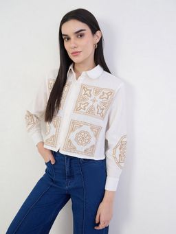 Styli - Women Off White Boxy Fit Regular Length Embroidery Shirt