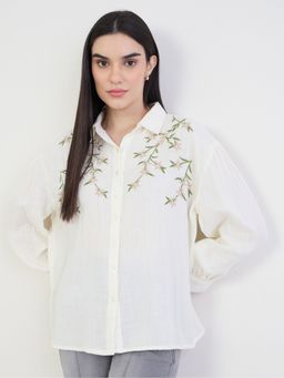 Styli - Women Off White Oversized Shirt With Placement Embroidery