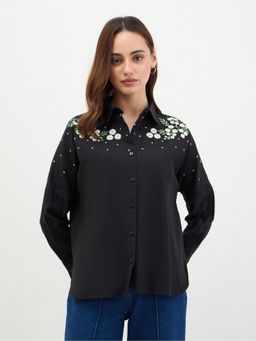 Styli - Women Black Oversized Shirt With Embroidery At Shoulder