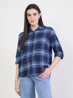 Styli - Women Navy Blue Oversized Regular Length Checked Shirt