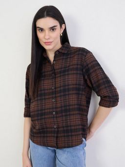 Styli - Women Brown Oversized Regular Length Checked Shirt