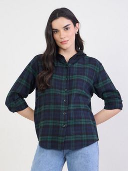 Styli - Women Navy Blue Oversized Regular Length Checked Shirt