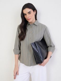 Styli - Women Grey Oversized Regular Length Striped Shirt