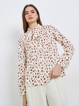 Styli - Women Beige Oversized Regular Length Printed Shirt