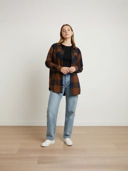 Popnetic - Women Brown Pure Cotton Checked Oversized Shirt