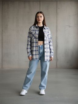 Popnetic - Women Blue Pure Cotton Flannel Checks Oversized Shirt