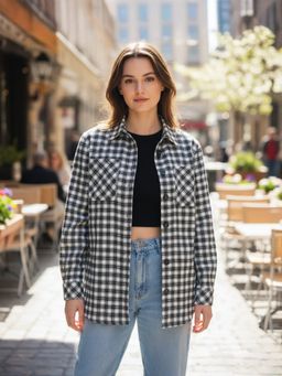 Popnetic - Women Black Pure Cotton Flannel Checks Oversized Shirt