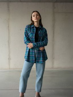 Popnetic - Women Teal Pure Cotton Flannel Oversized Shirt