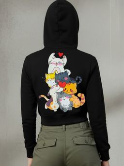 Popnetic - Women Cutie Cats Graphic Printed Hooded Cropped Fleece Sweatshirt