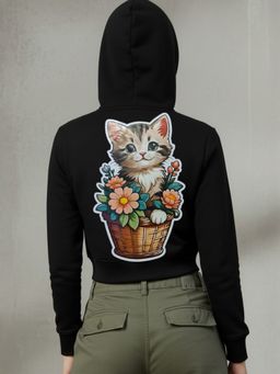 Popnetic - Women Cutie Cat Graphic Printed Hooded Cropped Fleece Sweatshirt