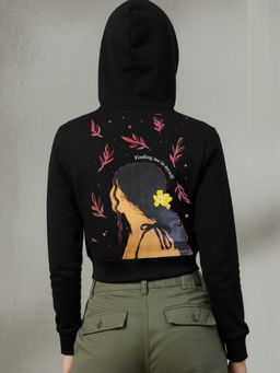 Popnetic - Women Graphic Printed Hooded Cropped Fleece Sweatshirt