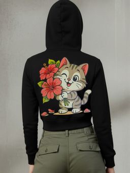 Popnetic - Women Cutie Cat Graphic Printed Hooded Cropped Fleece Sweatshirt