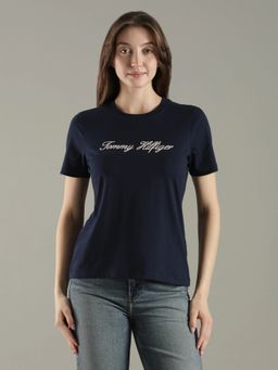 Tommy Hilfiger - Navy Blue Embroidered Logo Regular Fit Cotton T-Shirt
