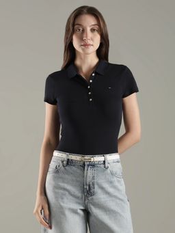 Tommy Hilfiger - Black Solid Slim Fit Cotton Polo T-Shirt