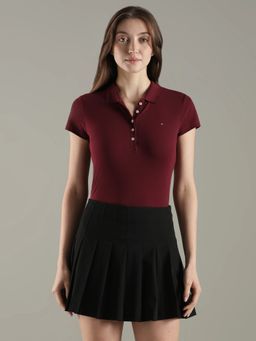 Tommy Hilfiger - Maroon Solid Slim Fit Cotton Polo T-Shirt