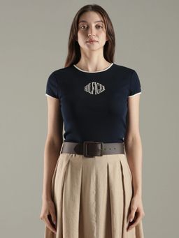 Tommy Hilfiger - Navy Blue Typographic Slim Fit Cotton T-Shirt