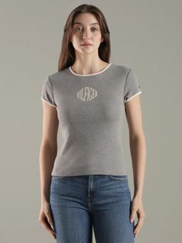 Tommy Hilfiger - Grey Typographic Slim Fit Cotton T-Shirt