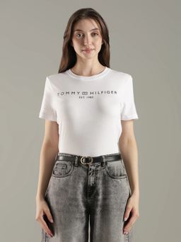 Tommy Hilfiger - White Solid Logo Regular Fit Cotton T-Shirt