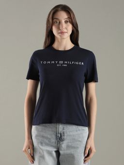 Tommy Hilfiger - Navy Blue Solid Logo Regular Fit Cotton T-Shirt