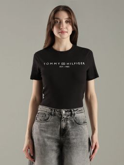 Tommy Hilfiger - Black Solid Logo Regular Fit Cotton T-Shirt
