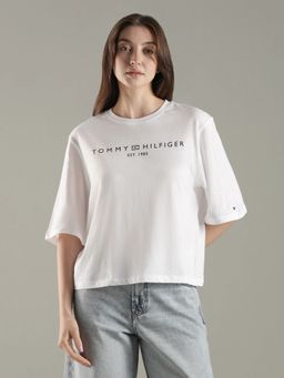 Tommy Hilfiger - White Solid Logo Relaxed Fit Cotton T-Shirt