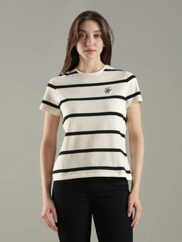 Tommy Hilfiger - Off White Striped Regular Fit Cotton T-Shirt
