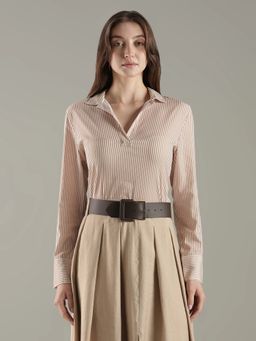 Tommy Hilfiger - Beige Striped Relaxed Fit Polyester Top