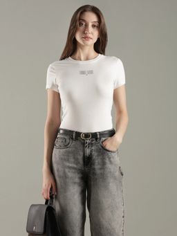 Tommy Hilfiger - Off White Solid Slim Fit Cotton T-Shirt