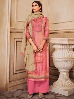 Stylee LIFESTYLE - Pink Jam Satin Printed Dress Material (Set of 3)