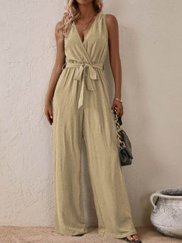 Outzidr - Beige Sleeveless Street Style Jumpsuit With Tie Up