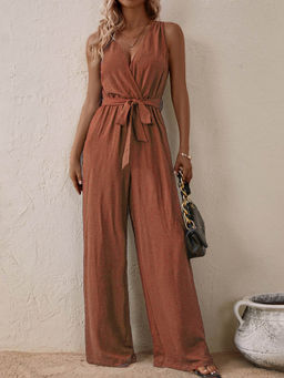Outzidr - Rust Sleeveless Street Style Jumpsuit With Tie Up
