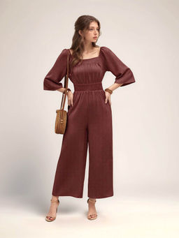Outzidr - Brown Wide Leg Jumpsuit With Smocking Detail