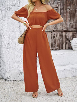 Outzidr - Beige Off Shoulder Jumpsuit with Waist Cutout
