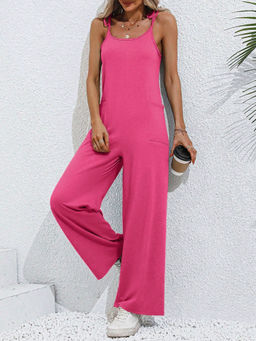 Outzidr - Pink Strappy Wide Leg Street Style Jumpsuit