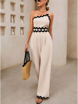 Outzidr - Beige One Shoulder Jumpsuit With Ric Rac Lace Highlighting