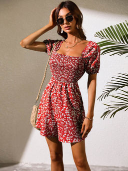 Outzidr - Red Printed Romper With Smocking