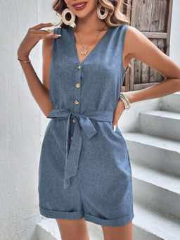 Outzidr - Blue Front Buttoned Romper with Waist Tie Up Detail