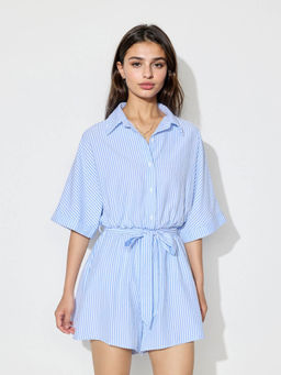 Outzidr - Blue Front Buttoned Street Style Playsuit