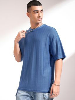 HIGHLANDER - Men Blue Textured T-Shirt