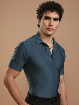 HIGHLANDER - Men Teal Textured Polo T-Shirt