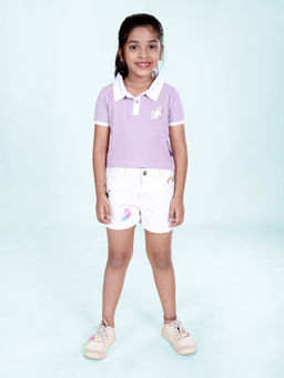 KiddoPanti - Girls Polo T-Shirt with Unicorn Badge and Rollup Denim Shorts (Set of 2)