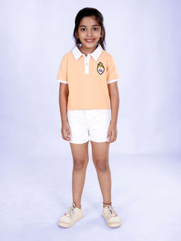 KiddoPanti - Girls Polo T-Shirt with Rock Vibes Heart Badge and Denim Shorts (Set of 2)