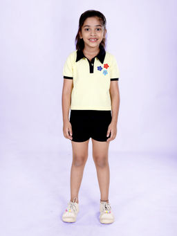 KiddoPanti - Girls Polo T-Shirt with Smiley Star Patches and Denim Shorts (Set of 2)