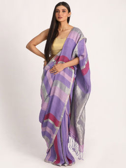 Angoshobha - Lavender Traditional Handloom Check Linen Saree with Unstitched Blouse